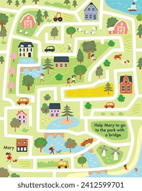 Vector child labyrinth with town symbols for baby, babies. Children maze illustrated with cars, houses, buildings, trees, streets. City easy simple drawing map.