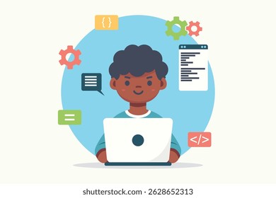 Vector of Child Learning to Code – Flat Style Illustration. Clean flat vector of a child sitting with a laptop learning to code, suitable for digital education themes. eps10