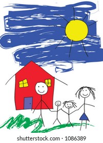 A vector child like drawing of a happy family in front of their house and a blue sky