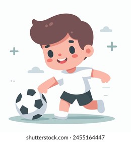 Vector a child playing with a soccer ball and a blue sky behind him