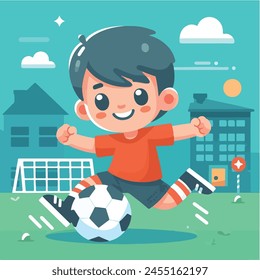 Vector a child playing soccer with a boy wearing an orange shirt