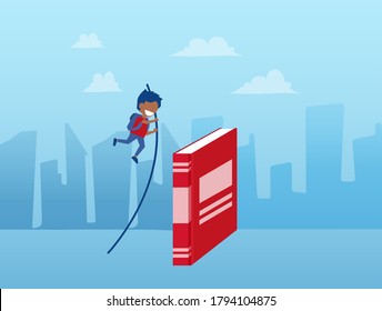 Vector of a child pole vaulting over the book on a cityscape background 