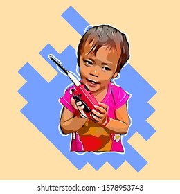 Vector of child with a radio.