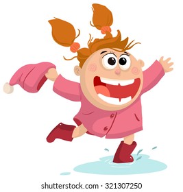 Vector child running on the puddle. Autumn girl with pink coat 