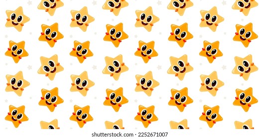 Vector child seamless pattern with smile yellow star on white color background. Flat style design of illustration with happy little star character for web, site, banner, poster, print