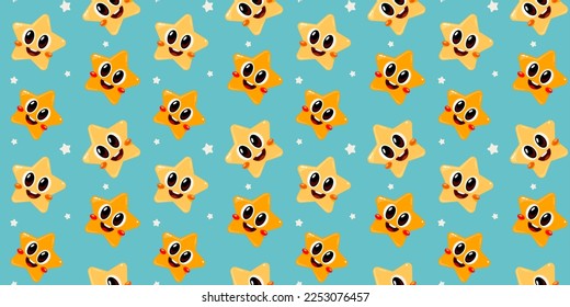 Vector child seamless pattern with smile yellow star on green color background. Flat style design of illustration with happy little star character for web, site, banner, poster, print