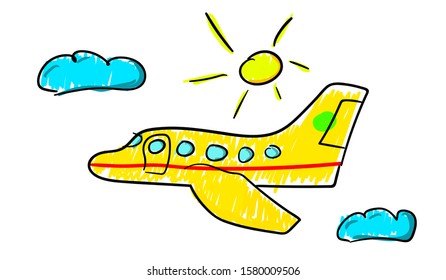 Vector child style drawing: happy family that goes on vacation by airplane