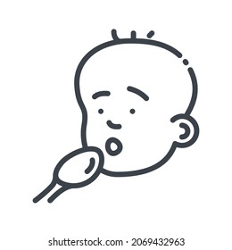 Vector childhood line icon isolated on transparent background. Baby eating scene