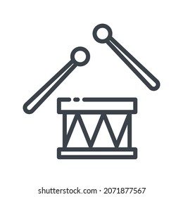 Vector childhood line icon isolated on transparent background. Drum with drumsticks toy sign