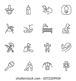 Vector childhood line icons isolated on transparent background. Baby toys and baby goods symbols