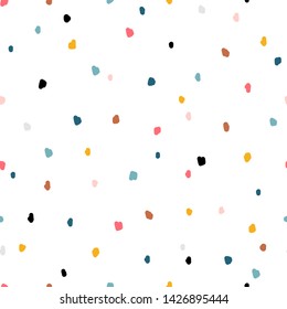 Vector Childish Abstract Background with Colorful Stains. Hand Drawn Doodle Dots Seamless Pattern for Kids Fashion.