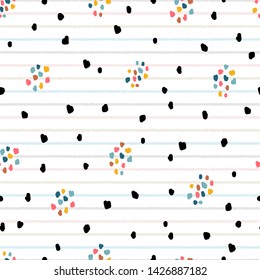 Vector Childish Abstract Striped Background with Colorful Stains. Hand Drawn Doodle Stripes and Dots Seamless Pattern for Kids Fashion.
