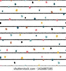 Vector Childish Abstract Striped Background with Colorful Stains. Hand Drawn Doodle Stripes and Dots Seamless Pattern for Kids Fashion.
