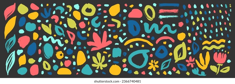 Conjunto de líneas de pincel infantil vectorial. Resumen de desordenados calabazas botánicas. Fondo del pincel naïve. Garabatos curvados dibujados a mano. Líneas y puntos de dibujo coloridos. Cada elemento está unido y aislado