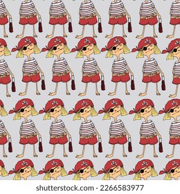 Vector childish character, funny pirates isolated on a gray background. Cute little girls pirates.