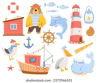 Vector childish cute nautical illustrations set isolated on white background. Dolphin and whale in sea caps. Lighthouse, boat and sailor bear character