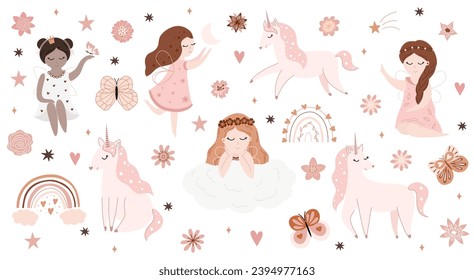 Vector childish cute set with fairy, stars, unicorn, rainbow and butterfly. Fairy with a magic wand vector illustration. Cartoon fairy for baby, girl.