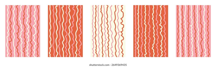 Vetor infantil rabiscar fundo vermelho rosa definido com listras onduladas verticais, curvas de fluido desenhadas à mão irregular, linhas de movimento abstratas fluidas funky fluindo, design criativo de coleção de padrão líquido orgânico