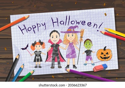 Vector childish drawing Halloween the table  The child drew and colored pencils the happy family dad Count Dracula  mom witch   Frankenstein  pumpkin  Lesson for the feast all saints 