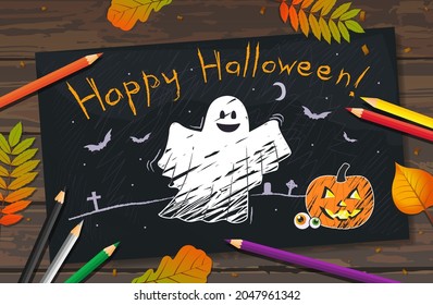 Vector childish drawing of Halloween on the table. Drawn with white pencil a ghost with a smile and Jack's pumpkin lantern on a black sheet. Lesson for the feast of all saints, congratulations poster 