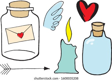 Vector childish drawing for Valentine's Day, containing elements: a corked jar with a love letter, angel wings, a burning blue candle and a love potion.