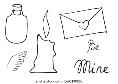 Vector childish drawing for Valentine's Day, containing elements: a corked jar with a love letter, angel wings, a burning blue candle and a love potion and calligraphic inscription 'Be Mine'.