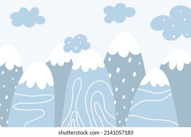 Vector childish drawn mountain illustration in scandinavian style. Mountain landscape, sun and birds. children's wallpaper. Mountain landscape, children's room design, wall decor.