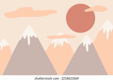 Ilustración de montaña dibujada por vectores infantiles al estilo escandinavo. Paisaje montañoso, sol. fondo de pantalla infantil. Paisaje de montaña, diseño de habitaciones para niños, decoración de paredes. El estilo boho de los niños.