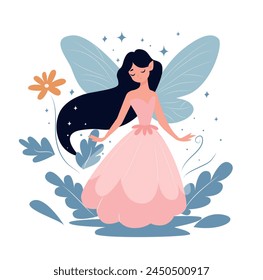 Vector  childish fairy, stars, moon, unicorn and other elements. Cartoon fairy for kids, girl. 