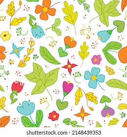 Vector childish floral seamless pattern with scribbles. Colorful background for wrapping, cards or fabric.