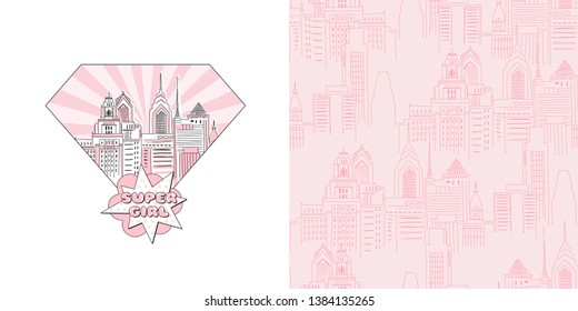 Vector childish graphic set of typographic print with Big City scape in diamond shape with super girl comic lettering and modern New York cityscape neutral seamless pattern. Graphics for girlish