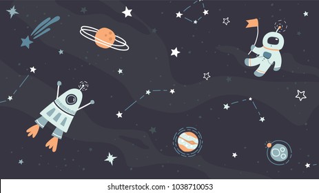 Vector childish hand drawn flat space design background. Cute template with elements of space, astronaut, spaceship, rocket, moon, black hole, stars, planets, constellations. Trendy kids wallpaper.