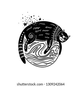 Vector childish hand-drawn illustration. Cat sleeping on the planet in space. Black and white.