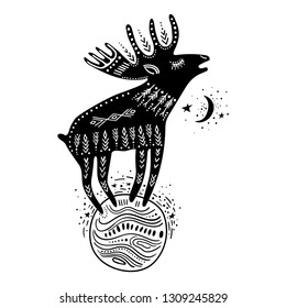 Vector childish hand-drawn illustration. Elk standing on the planet in space. Black and white.