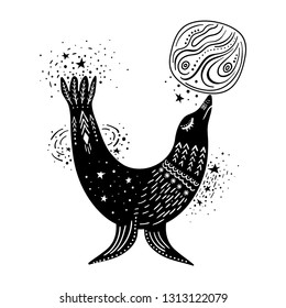 Vector childish hand-drawn illustration. Fur seal playing with the planet in space. Black and white.