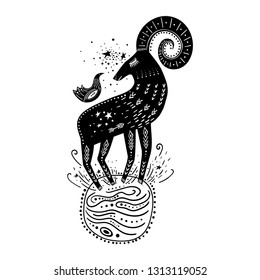 Vector childish hand-drawn illustration. Mountain sheep standing on the planet in space and a bird sitting on it. Black and white.