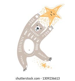 Vector childish hand-drawn illustration. A polar bear flies in space holding onto a star.