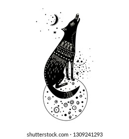 Vector childish hand-drawn illustration. Wolf sitting on a planet in space and howling at the moon. Black and white.