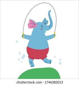 Ilustración infantil vectorial con elefante azul al estilo de las caricaturas. Un animal lindo saltando una cuerda. 