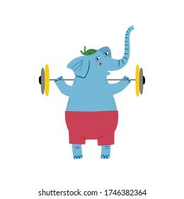 Ilustración infantil vectorial con elefante azul. Caricatura animal gracioso con barbería. 