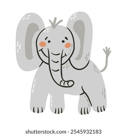 Vector childish illustration of cute smiling elephant with large ears and blushing cheeks in simple, hand drawn style. Perfect for kids designs, nursery decor, and animal themed projects