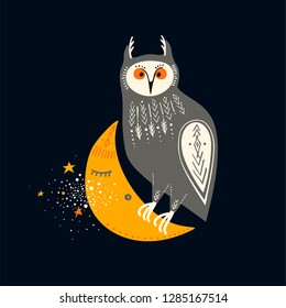 Vector childish illustration. Hand-drawn owl sitting on the moon.