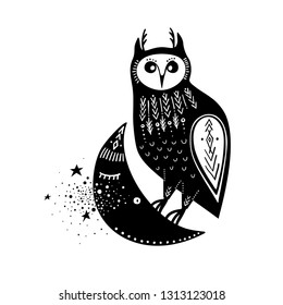 Vector childish illustration. Hand-drawn owl sitting on the moon. Black and white.