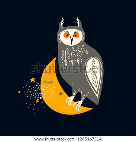Vector childish illustration. Hand-drawn owl sitting on the moon.