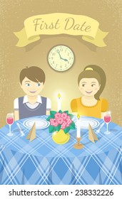 Vector childish illustration of happy boy and girl in love with each other on romantic date in a restaurant at the table. Valentine's Day card design with a ribbon for an inscription. Grunge effect.