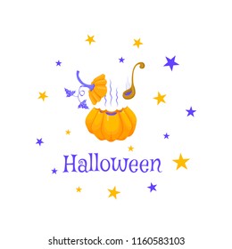 Vector childish illustration of a hot violet potion in the cut pumpkin surrounded by stars. Wooden serving spoon. Text halloween.Isolated on the white background.