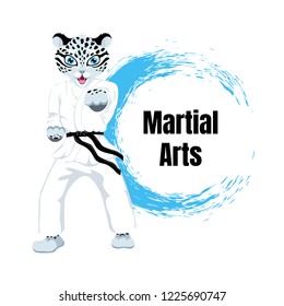 Vector childish illustration with karate smile snow leopard in white kimono. Cartoon sport character. Round brush stroke. Text Martial Arts. Isolated on the white background.