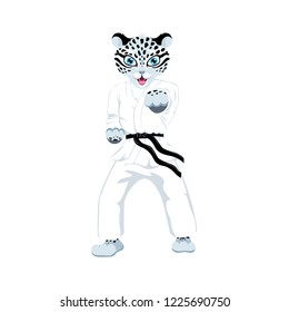 Vector childish illustration with karate smile snow leopard in white kimono. Cartoon sport character. Isolated on the white background.