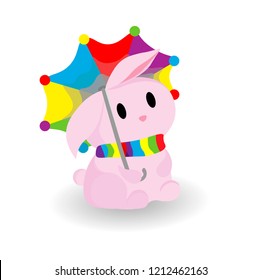 Vector childish illustration of a rabbit under an umbrella. During the rain. Pink cute bunny, bright umbrella