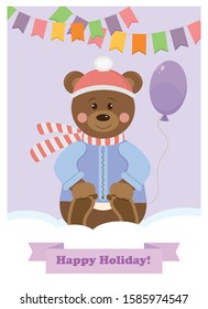 Vector childish illustration with a teddy bear with a ballon on snow. Holiday card template